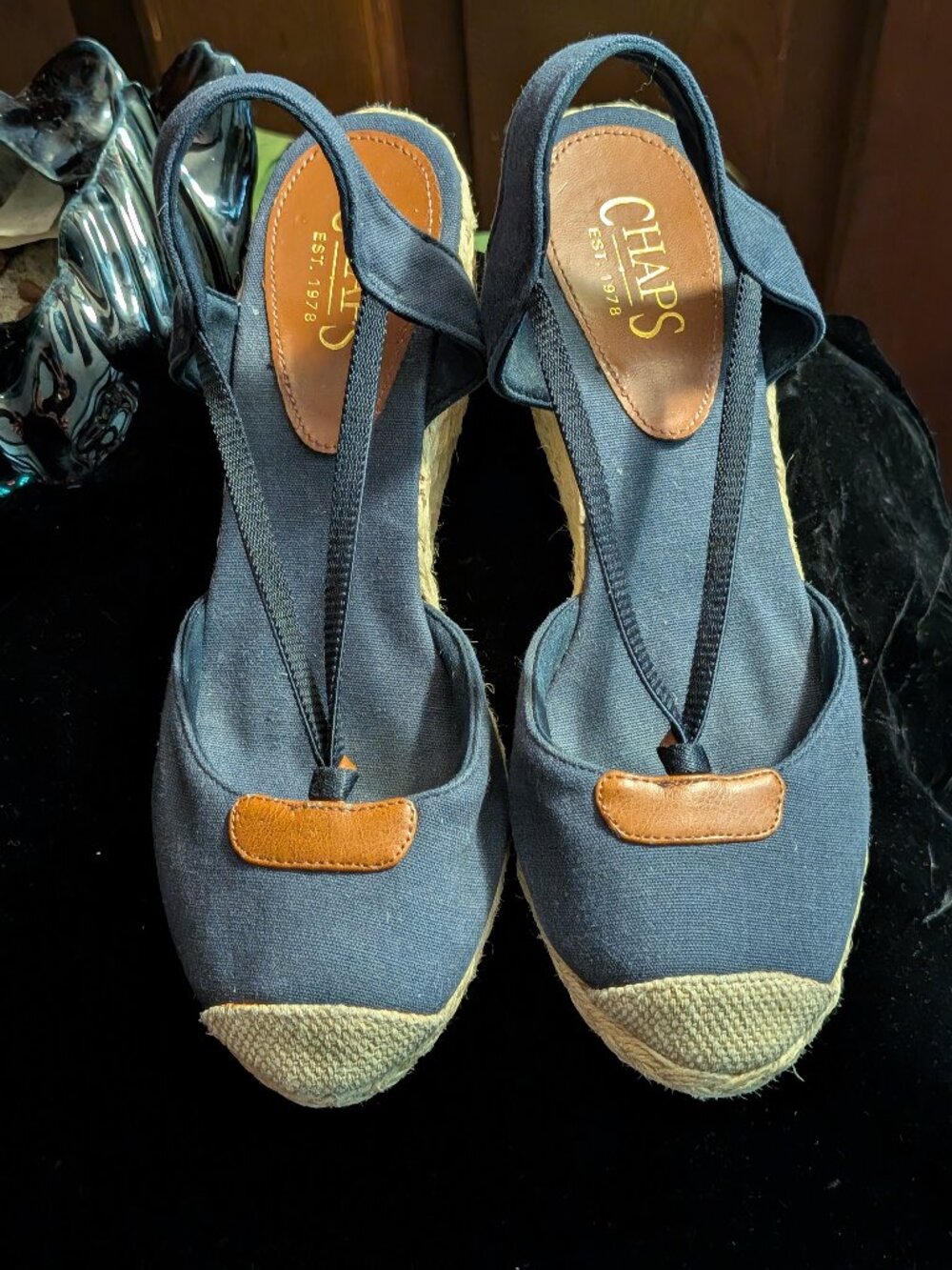 NO TOES PEEPing CHAPS Sandals by Ralph Lauren -Clarisa -Navy -Wedge Heel -Sz9B